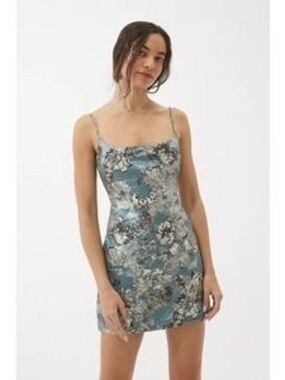 Urban Outfitters - Monette Jacquard Floral Mini Dress - Teal - Large